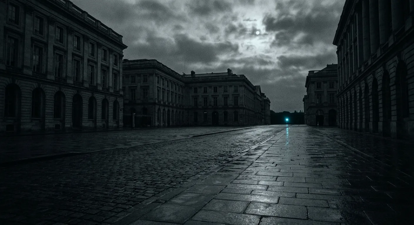 A deserted European financial square in total darkness