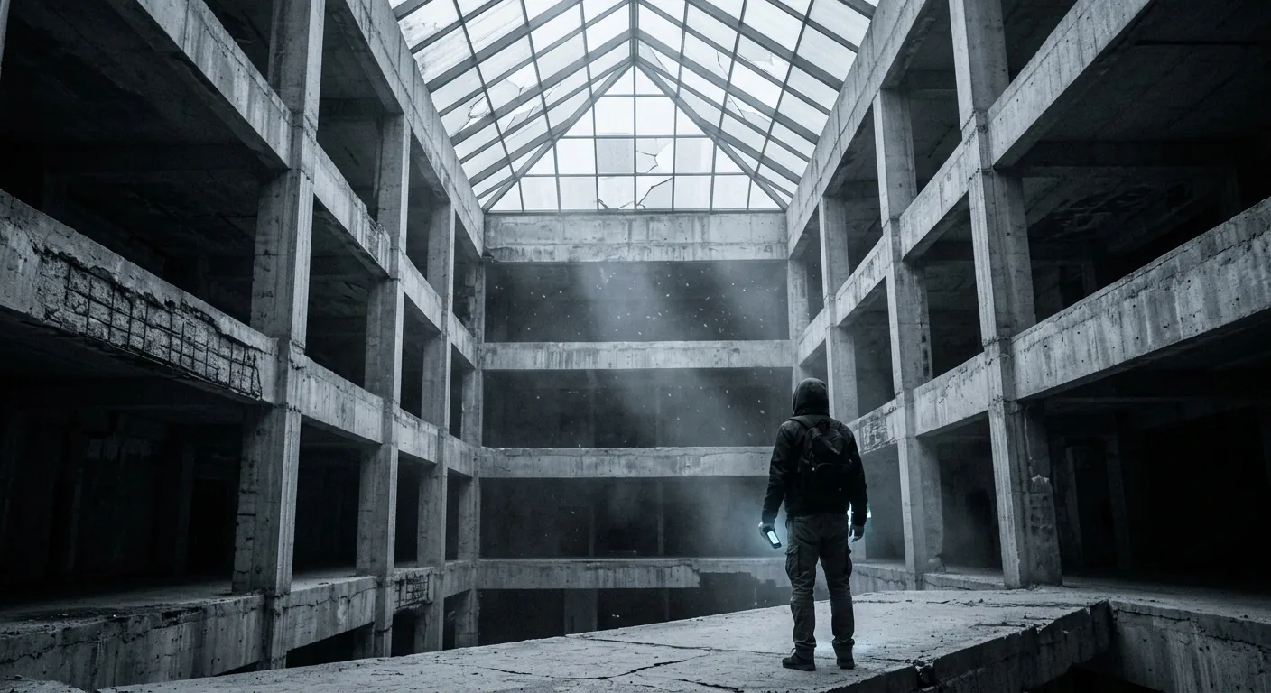 A lone figure inside a vast abandoned brutalist bank atrium